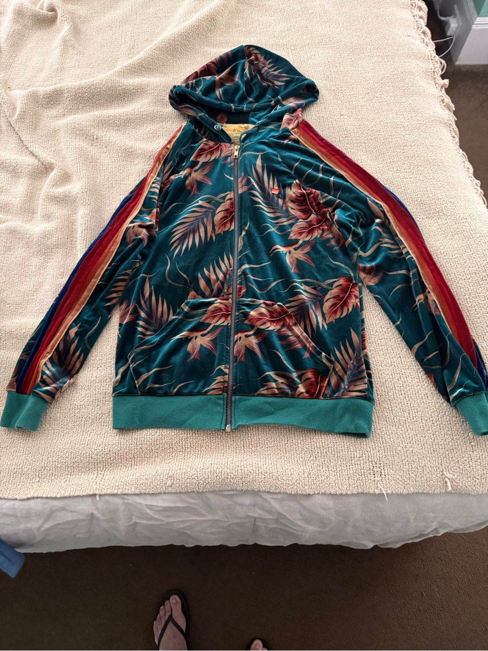Aviator nation Teal Tropical Velvet Zip Hoodie with Rainbow Sleeve Stripes (M)